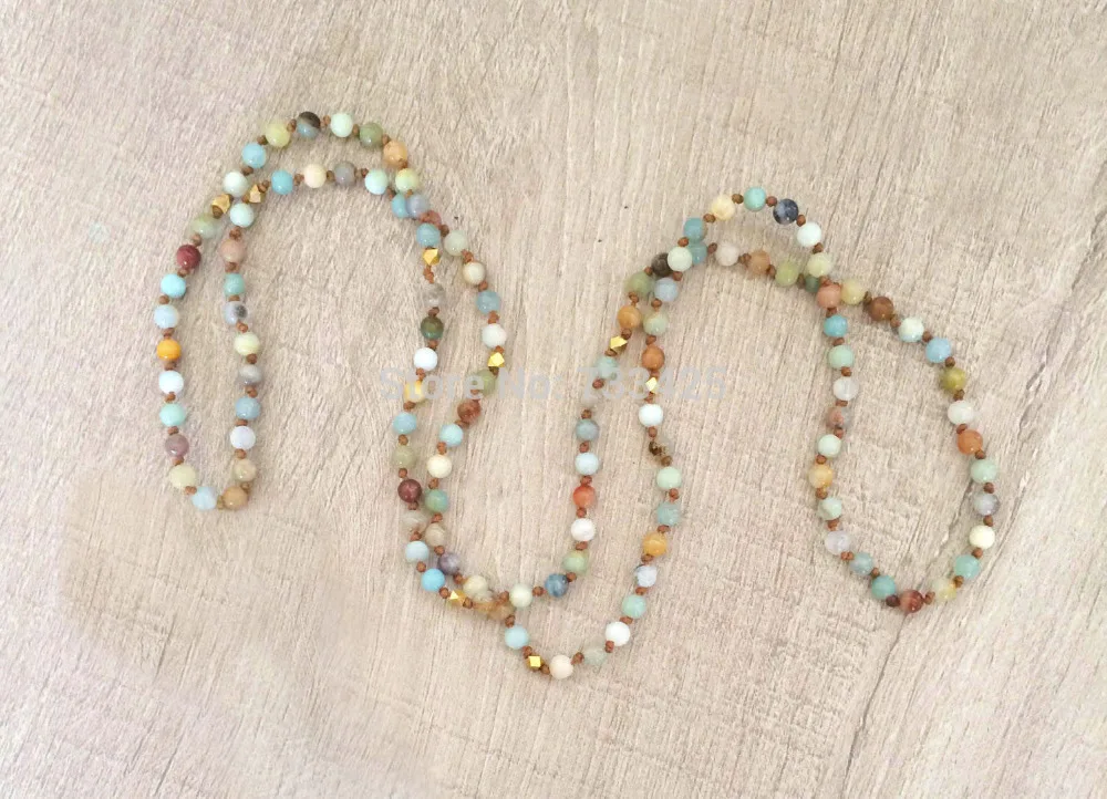 

Long India stone statement beads Necklace for women 2014 handmade woven with wax cord ,natural stone and golden beads