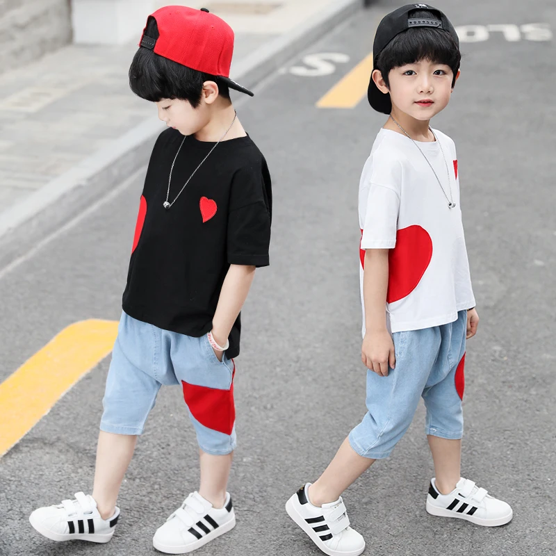 

Feiluo 2019 summer boys love heart print shirt set fashion casual short children's clothing set 2 pcs T-Shirt + jeans STDA01