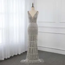 Роскошные Серебряные вечерние платья со стразами длинные глубокий v-образный вырез Русалка Формальное платье без рукавов YQLNNE