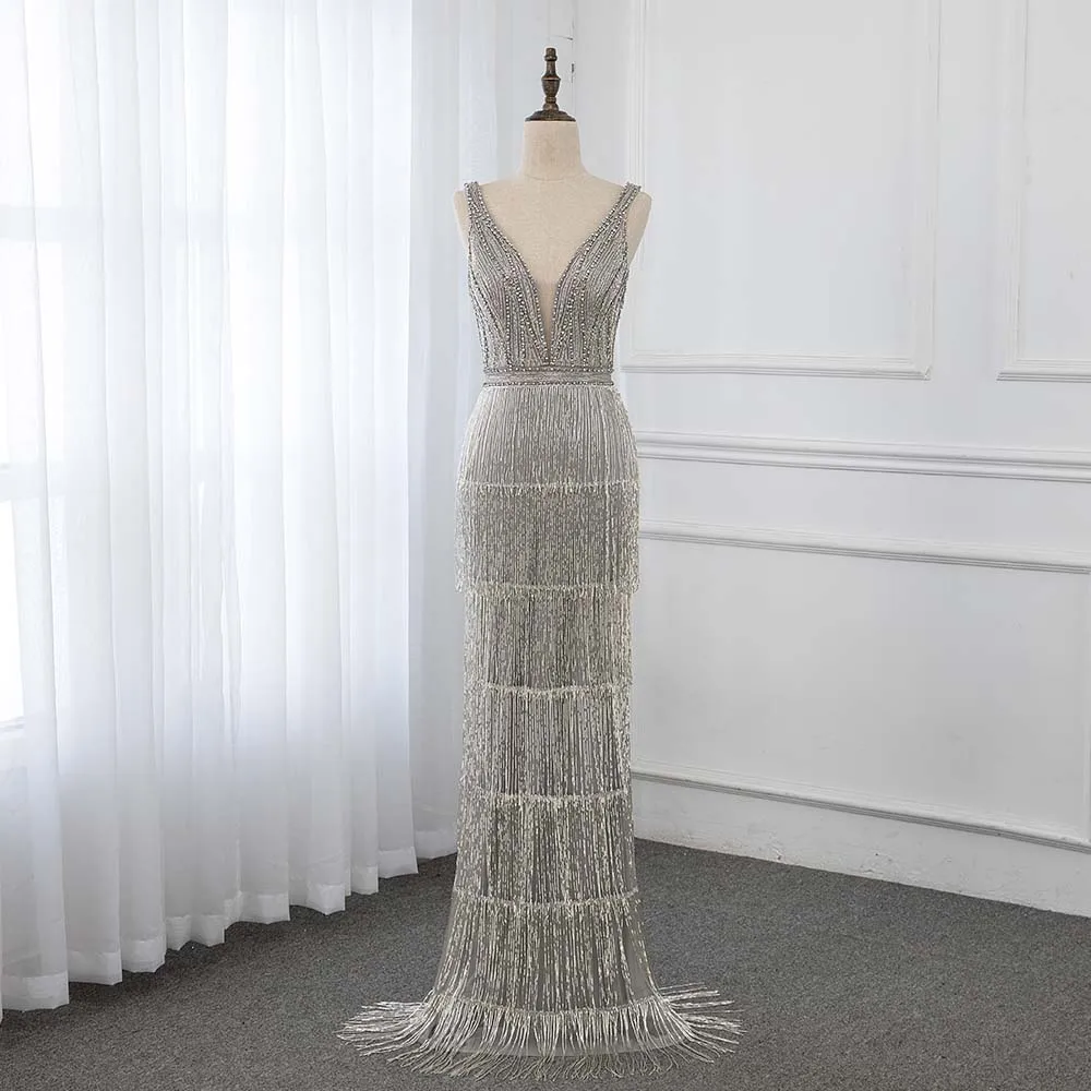 

Luxury Sliver Rhinestones Evening Dresses Long Deep V-neck Mermaid Formal Gown Sleeveless YQLNNE