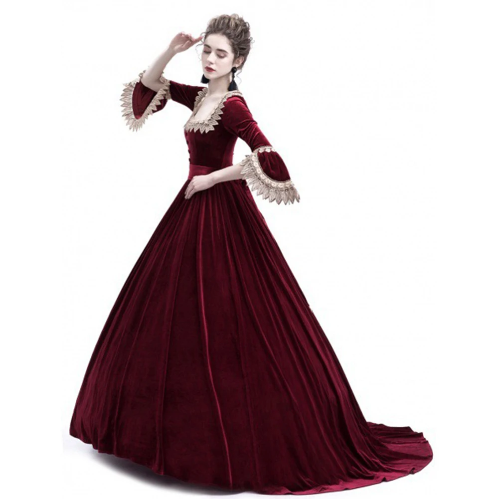 

High Quality Medieval Dress Women Vintage Sqaure Collar Long Dresses Costume Renaissance Gothic Costume Gown Halloween Cosplay