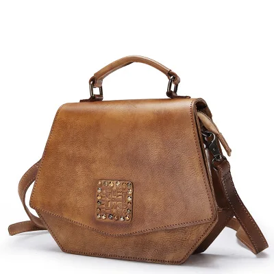 

Vintage Rivets Studs Designer Genuine Cow Leather Ladies Girls Shoulder Bag Women Saddle Bag Female Small Solid Tanned Handbag