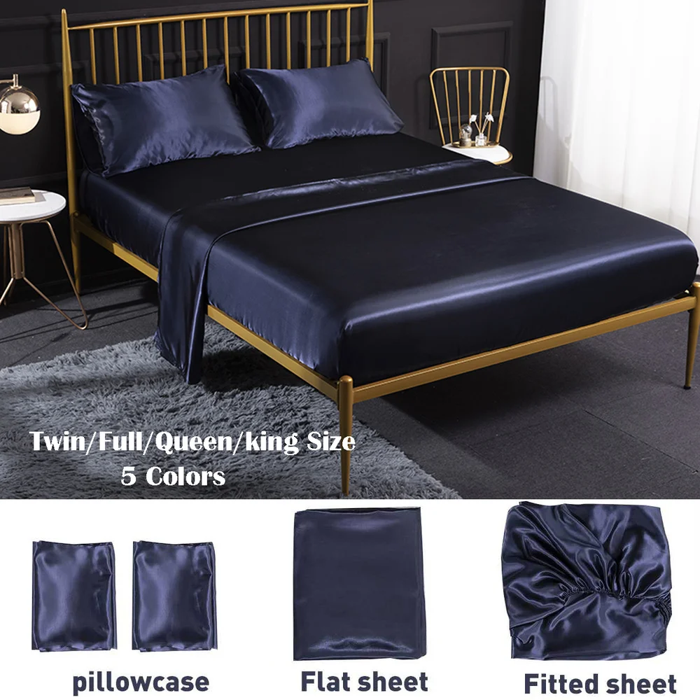 

3/4 Pcs Soft Silk Satin Bedding Set Polyester Bed Set Flat Sheet Fitted Sheet Pillowcase Twin/Full/Queen/King Size
