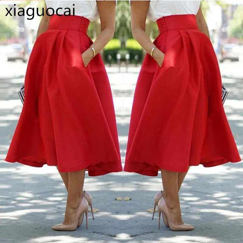 Sexy High Waist Women Skirts OL Working Pleated Solid Polyester Knee length Hot Skirts for