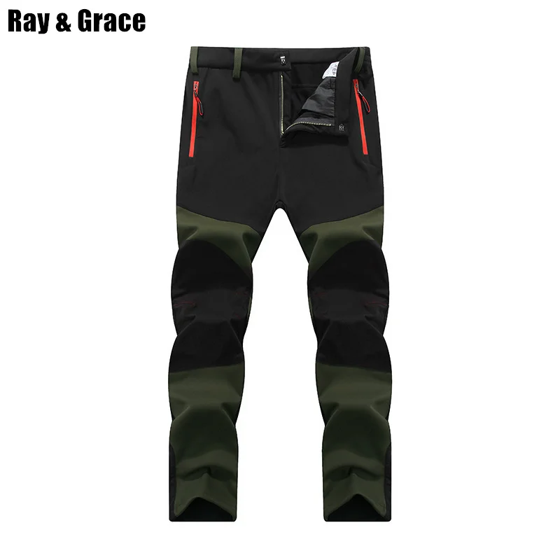 RAY GRACE invierno gruesa pantalones de senderismo al aire libre de los hombres Trekking, escalada de montaña deportes pantalones de cáscara suave de lana térmica Pantlon