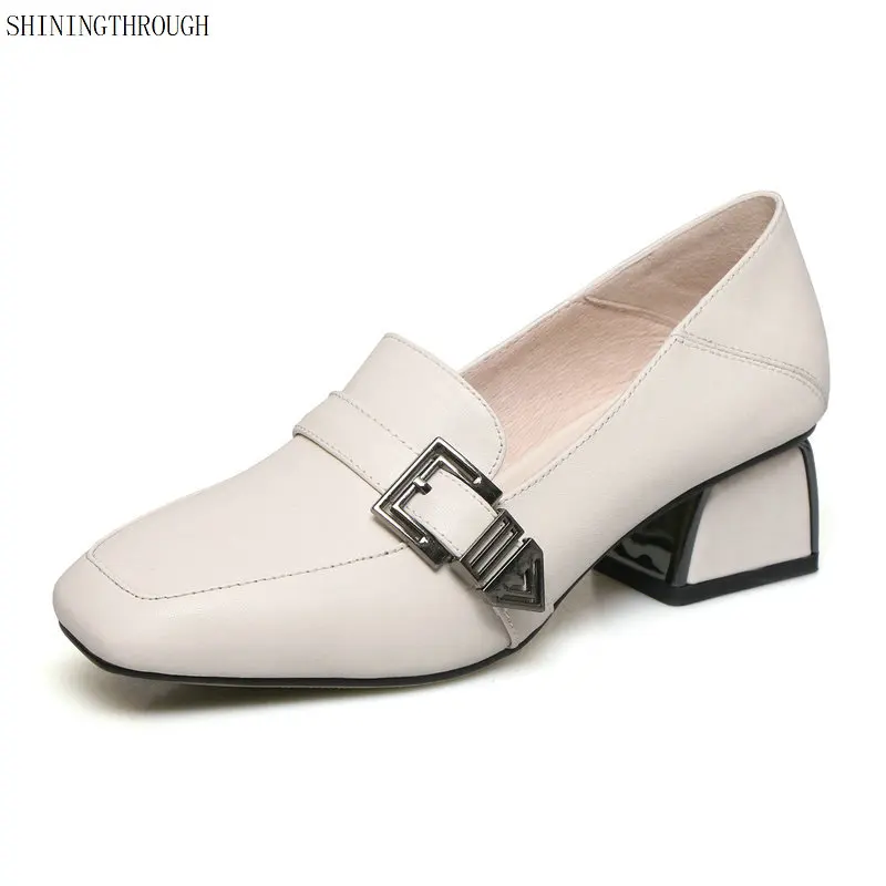 

Genuine Leather 2019 Large Size 33-42 Buckle Strap Square High Heels Women Pumps Woman Black Shoes Woman
