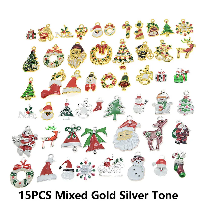 Julie Wang, 15 шт., случайная смесь, эмаль, цветные рождественские амулеты, золото, серебро, тон, ожерелье, браслет, ювелирное изделие, Рождественский Шарм - Окраска металла: 15PCS Mixed