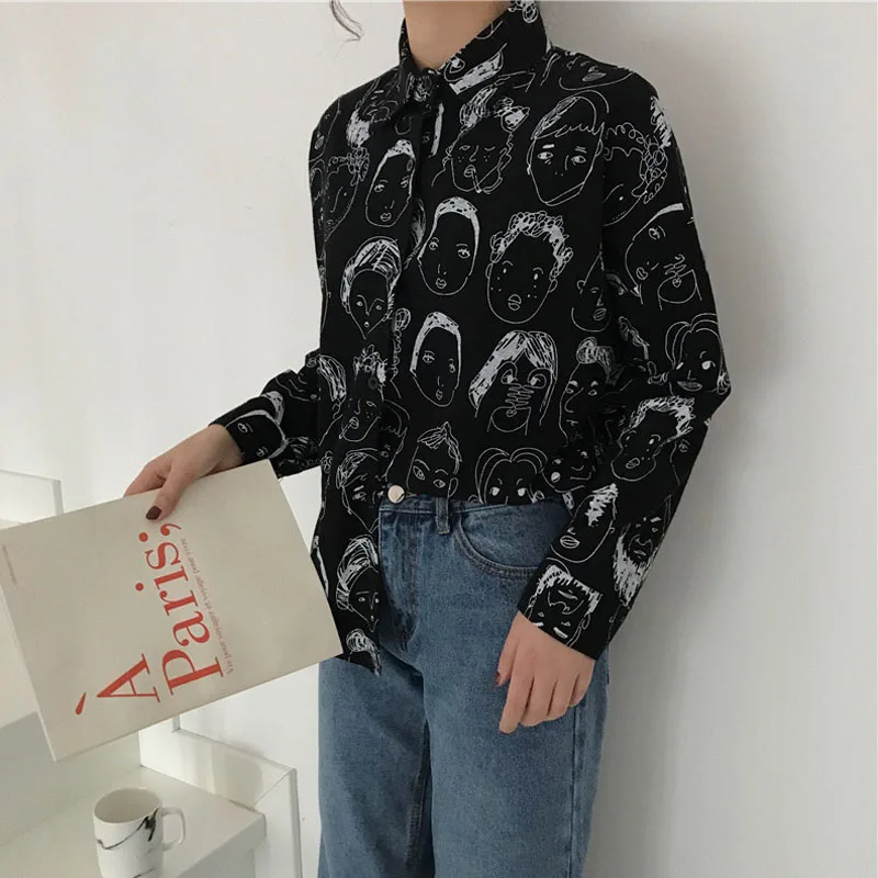  Women Graffiti Blouses Casual Shirts White Long Sleeves Turn Down Collar Casual Loose Shirt Tops Fe