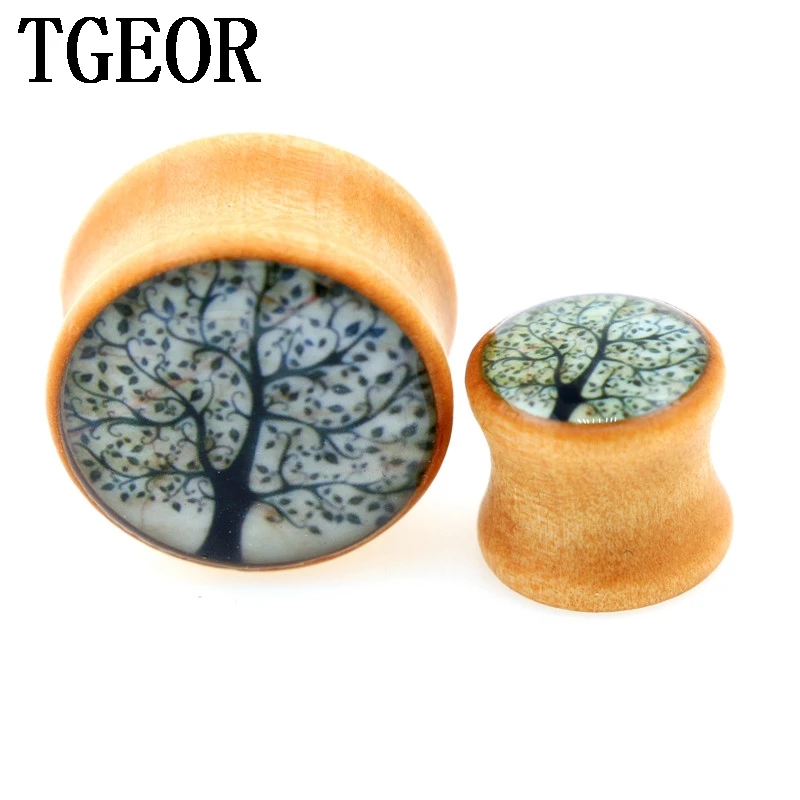 

New Hot wholesale Small MOQ 70pcs mixed 7 gauges tree logo pattern original wood saddle ear plug free shipping