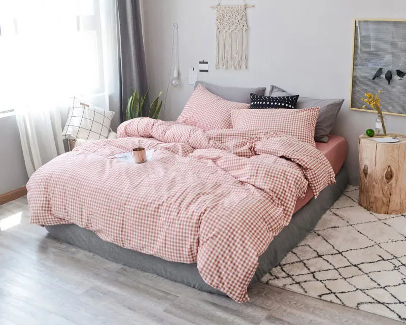 

plaid 100% washed cotton bedding set Bed Set Duvet Cover Flat Sheet Pillowcase Single Queen King size bed cover set