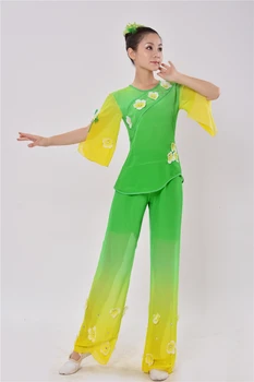 

Yellow green national dance costume folk fan umbralle yangko classical dance dress Jasmine square dance costume