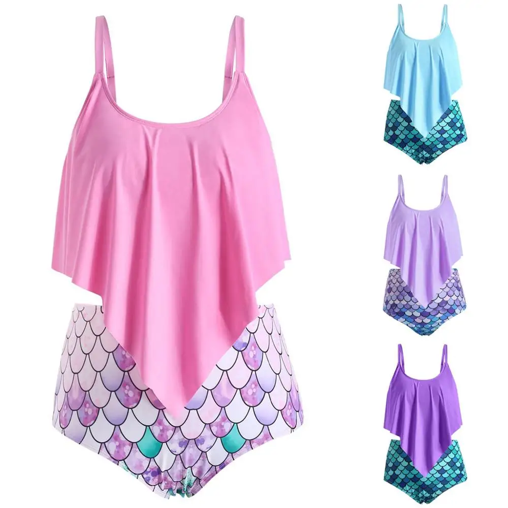 

Plus Size Women Two Piece Push Up Tankini Sets Summer Fashionable Fish scale Ruffle Beachwear Swimsuit Sexy Bikin For Ladiesi