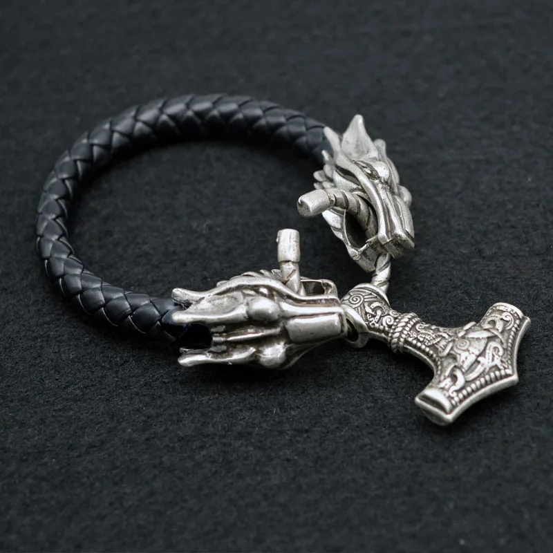 

1pcs Norse Viking Dragon Wolf Bracelet With Thor Hammer Mjolnir Bracelet For Men's Birthday Gift Viking Amulet Jewelry BT19