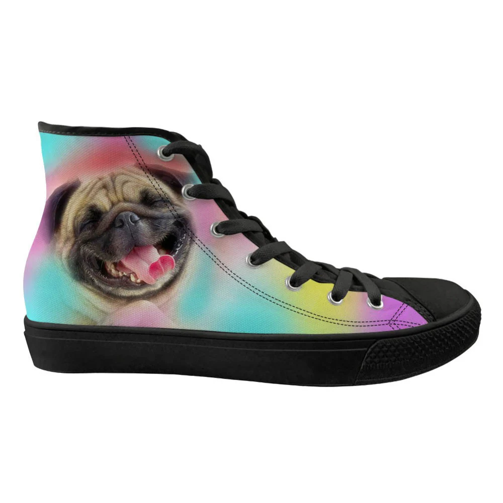 

Colorful Animal Pug Dog Pattern Womens Flats Vulcanized Shoes Canvas Ladies High Top Leisure Sneakers Woman Spring