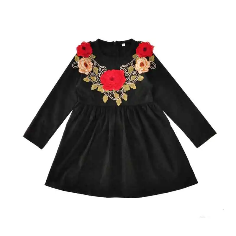 New Fashion Girls Dress Embroidery Big Flower Baby Girls Dresses Black