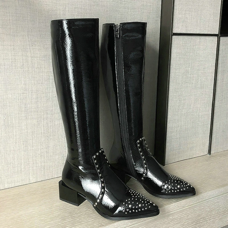 

EshtonShero Shoes Woman Knee High Boots Patent Leather Med Heels Black Winter Classic Zipper Ladies Motorcycle Boot Size 3-8