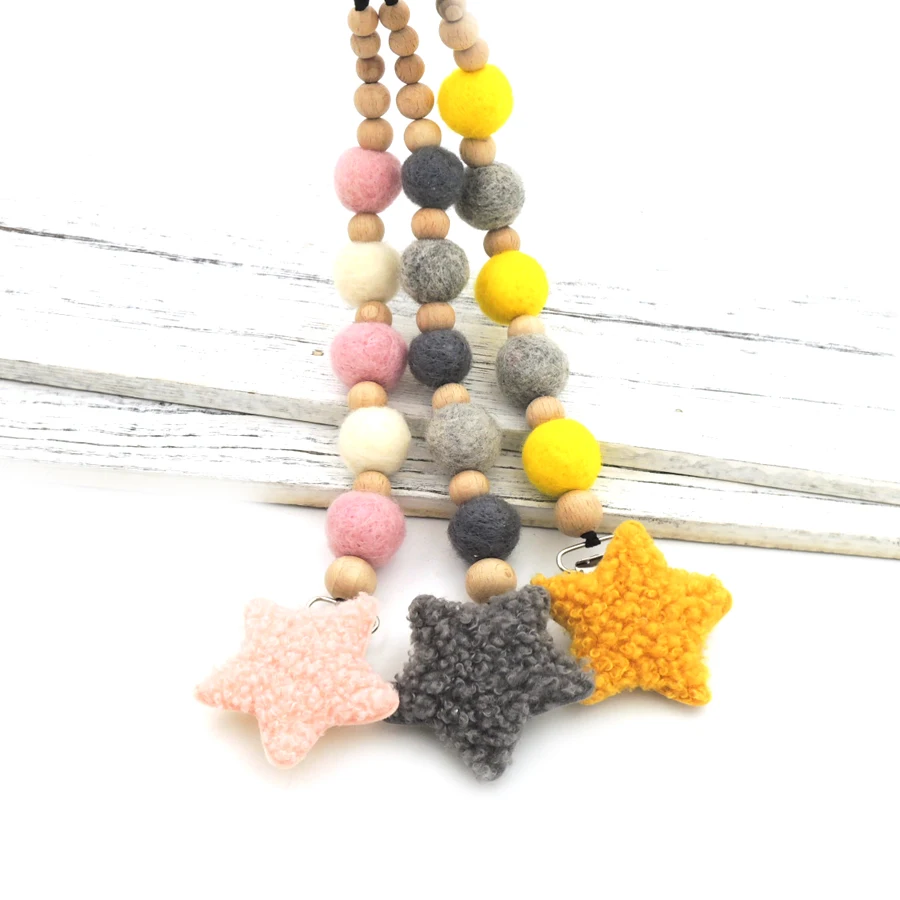 Grey gold pink wool star Pacifier Clip light Dummy Holder felt ball beads Natural beech wooden beads paci holder NT273