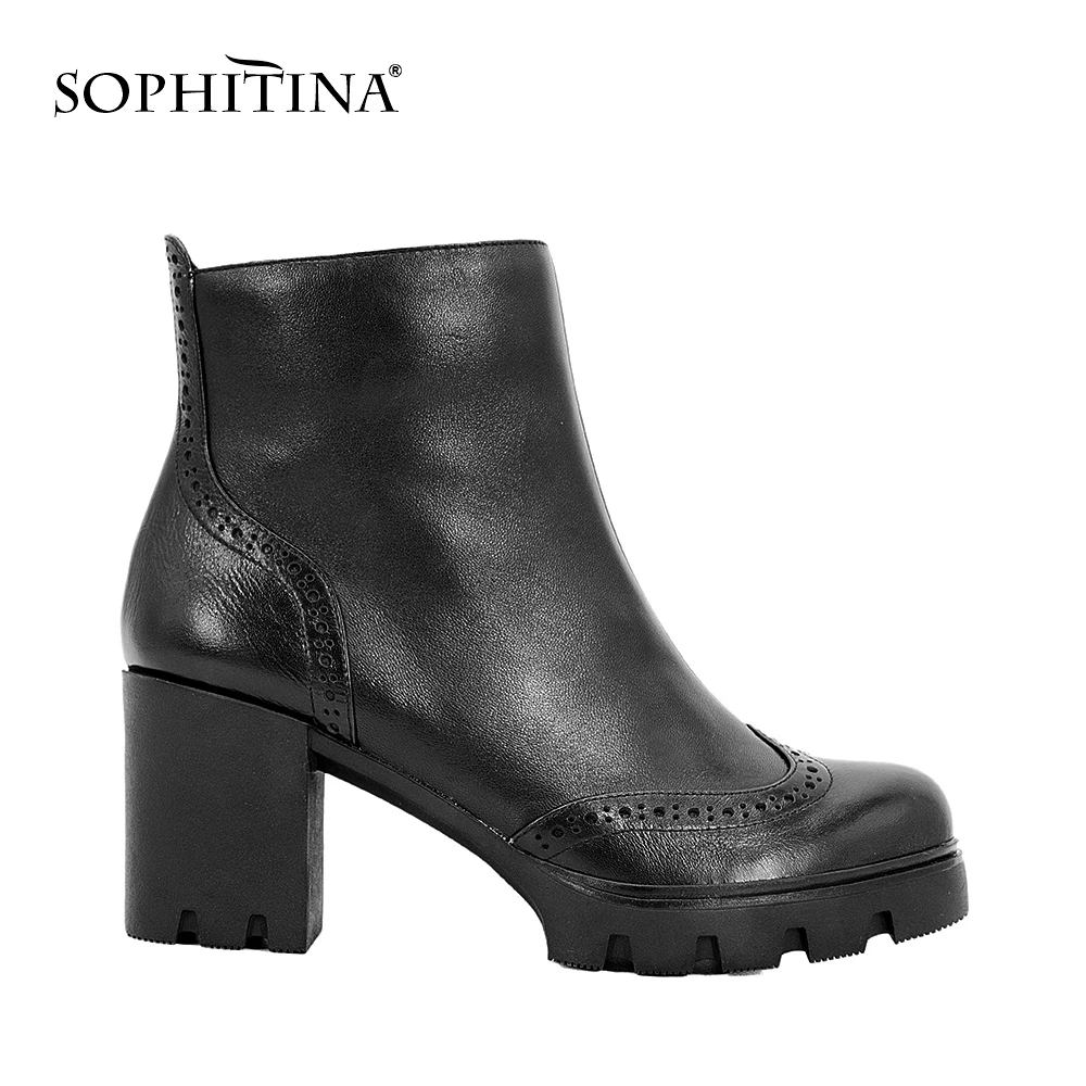 

SOPHITINA Cow leather zipper Ankle boots woman Round Toe Brogue style high heel handmade short boots Genuine Leather shoes B038