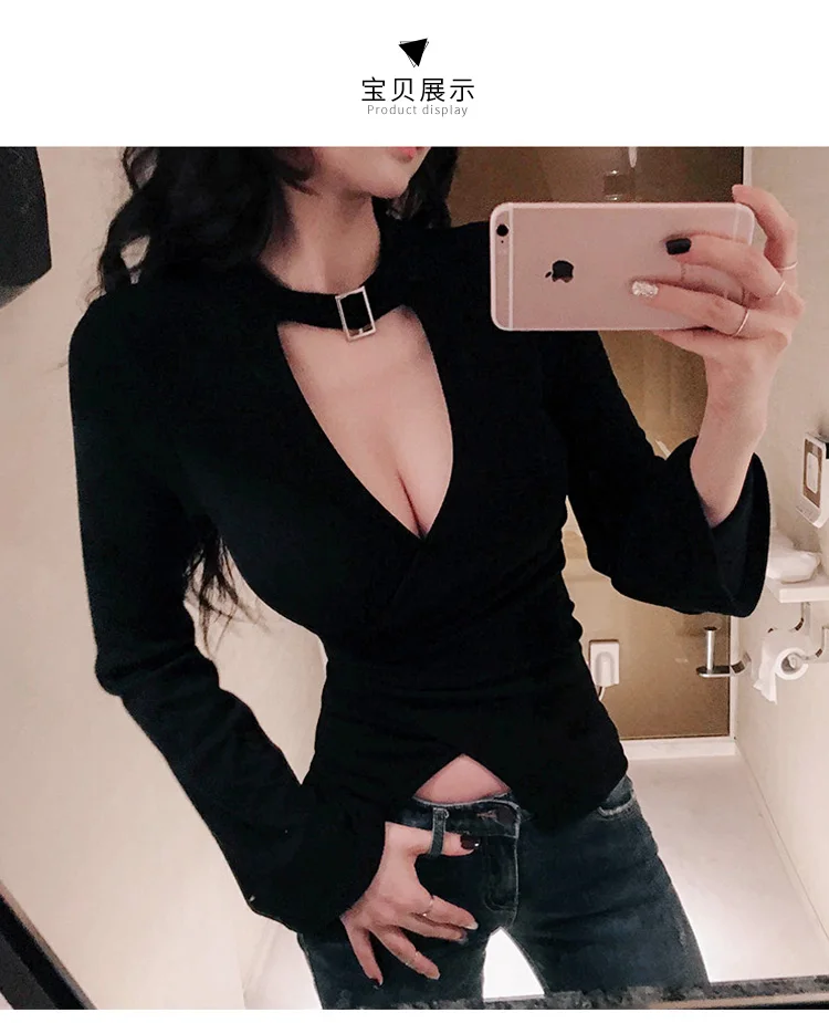 Сексуальный женский ночной магазин, толстовка, грудь, необычная футболка с длинными рукавами, v-образный воротник и пальто с низкой грудью