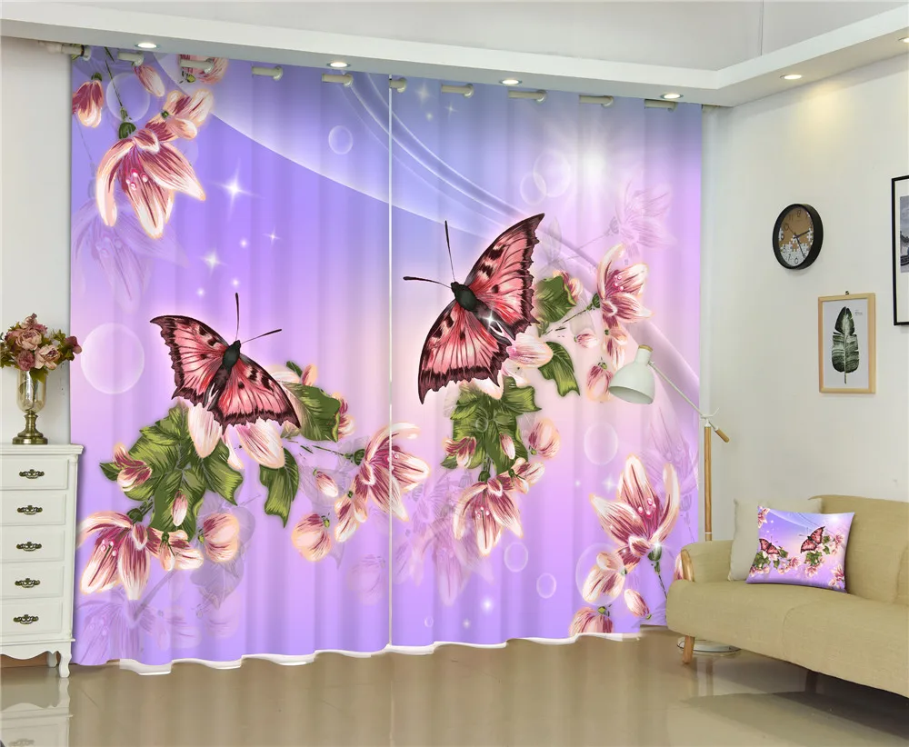 Violet hermosas mariposas apagón 3D cortina habitación dormitorio Cortinas Rideaux de tamaño personalizado funda de almohada