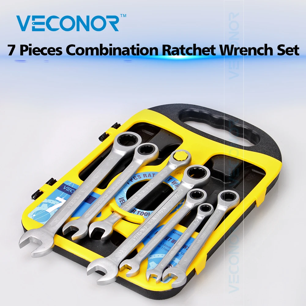 

8-19mm 7PCS Ratchet Wrench Set of Keys Tools Combination Spanner Dull Polish CRV Steel High Torque With Inserted-designed Case