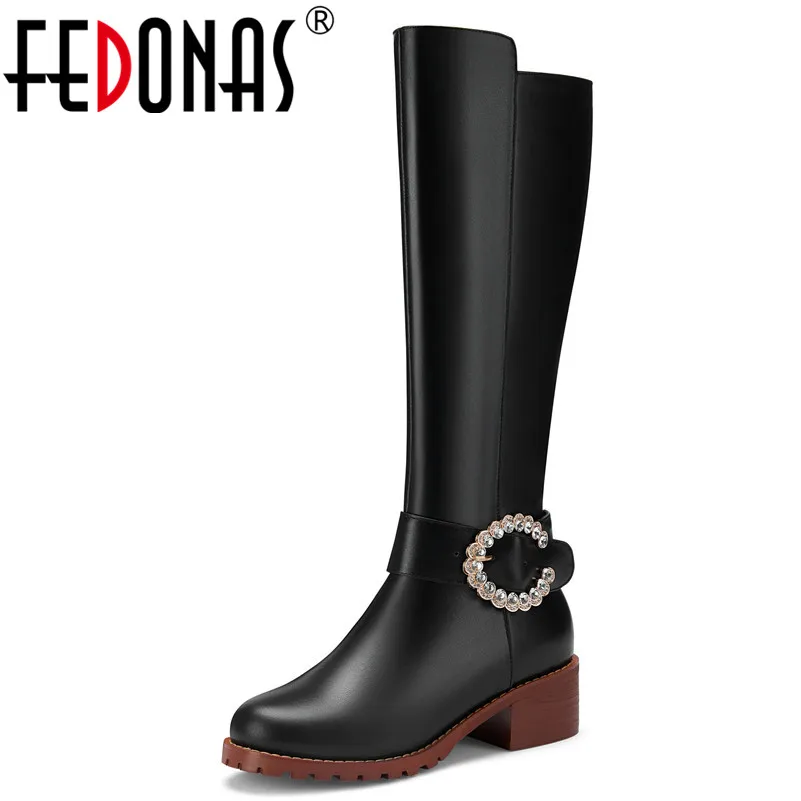 

FEDONAS 2019 Autumn Winter New Fashion Classic Round Toe Square Heels Women Mid-calf Boots Genuine Leather Zipper Western Boots