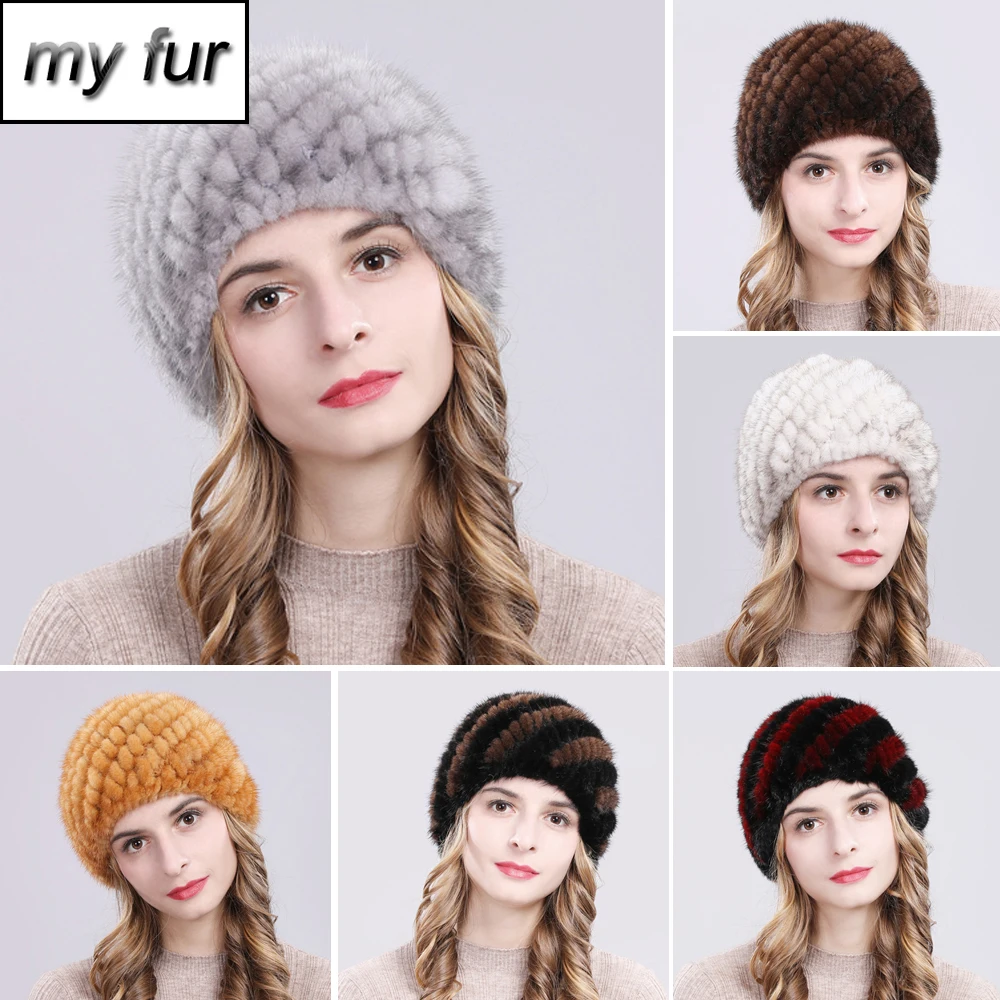 

2019 Winter Lady Natural Real Mink Fur Beanies Hat Knit Warm Striped Genuine Mink Fur Caps Women Good Elastic Real Mink Fur Hat