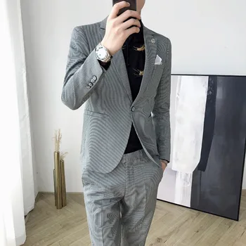 

Autumn and winter new British style retro Slim Plaid business casual suit men's suit two-piece trend (top + pants)