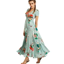 2017 Summer Women’s Button Up Split Floral Print Flowy Party Maxi Bohemia Style Loose Leisure Dress D1