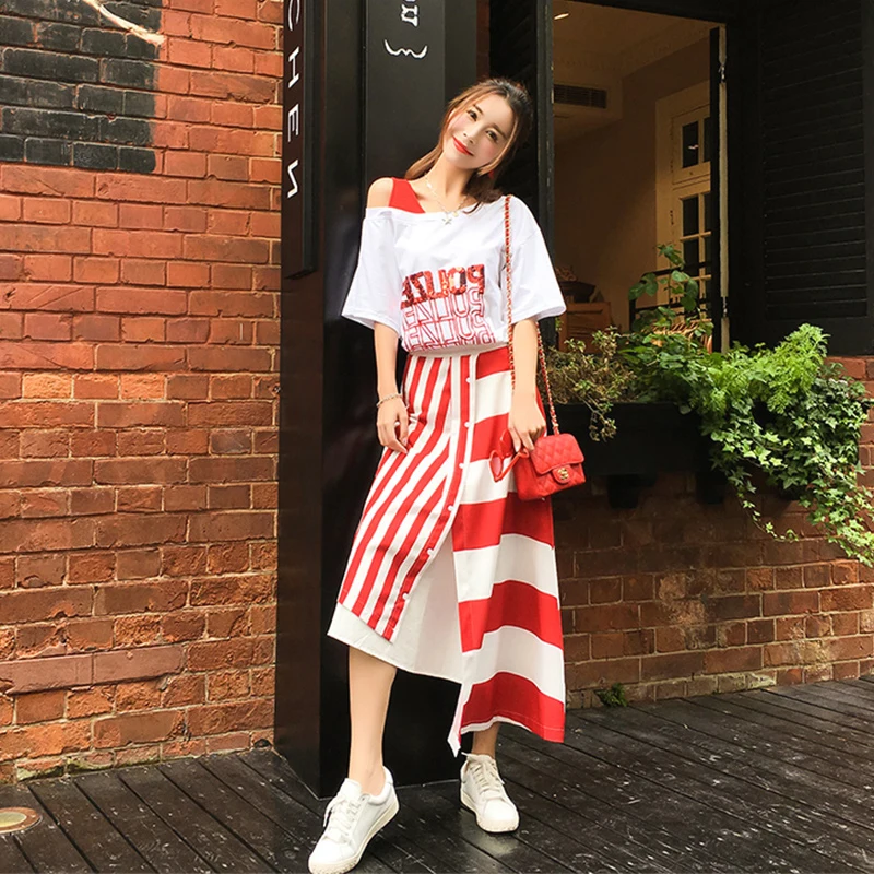 

Two piece set Women Sequined Letter Tops and Irregular Skirts Suits 2019 New Strapless Short Sleeve Tshirt and Striped Skirt Set