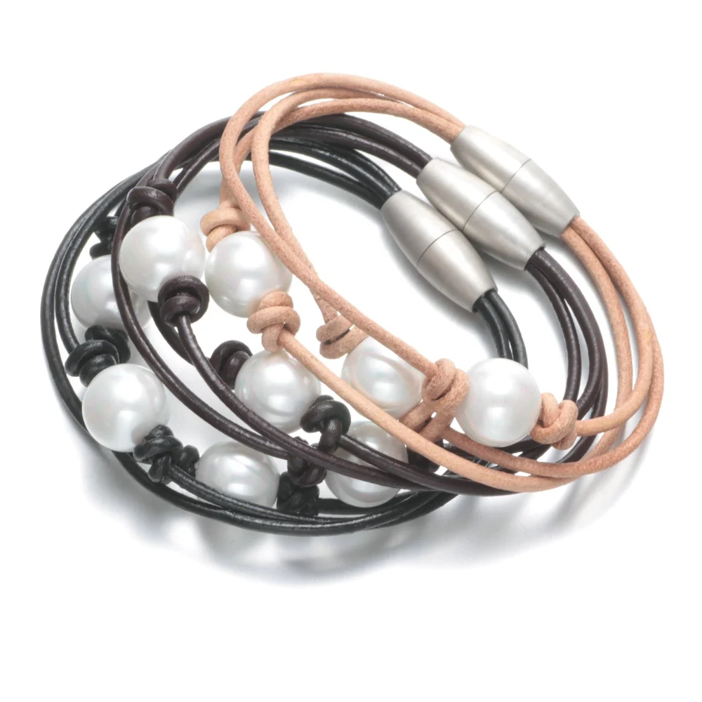 

2017 Multi Styles Imitation Pearl Handmade Magnet Buckle Genuine leather Cord Pearl Leather Bracelet Pearl Jewelry SZ0371