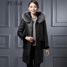 Ptslan Women s Genuine Lambskin Leather Coat Long Sleeve Long Winter New Jacket coats Thick Rea