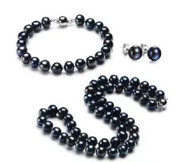 

Beautiful 10-11mm natural tahitian black pearl necklace bracelet earrings set
