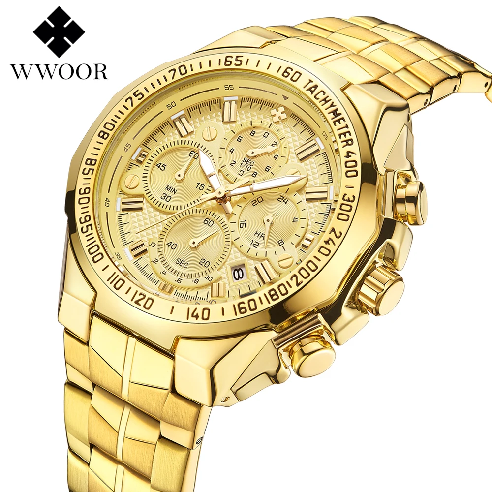 Baratos WWOOR marca superior 2019 nueva moda de lujo de gran esfera hombres militar reloj de cuarzo de acero inoxidable Casual deporte de negocios reloj de pulsera de oro