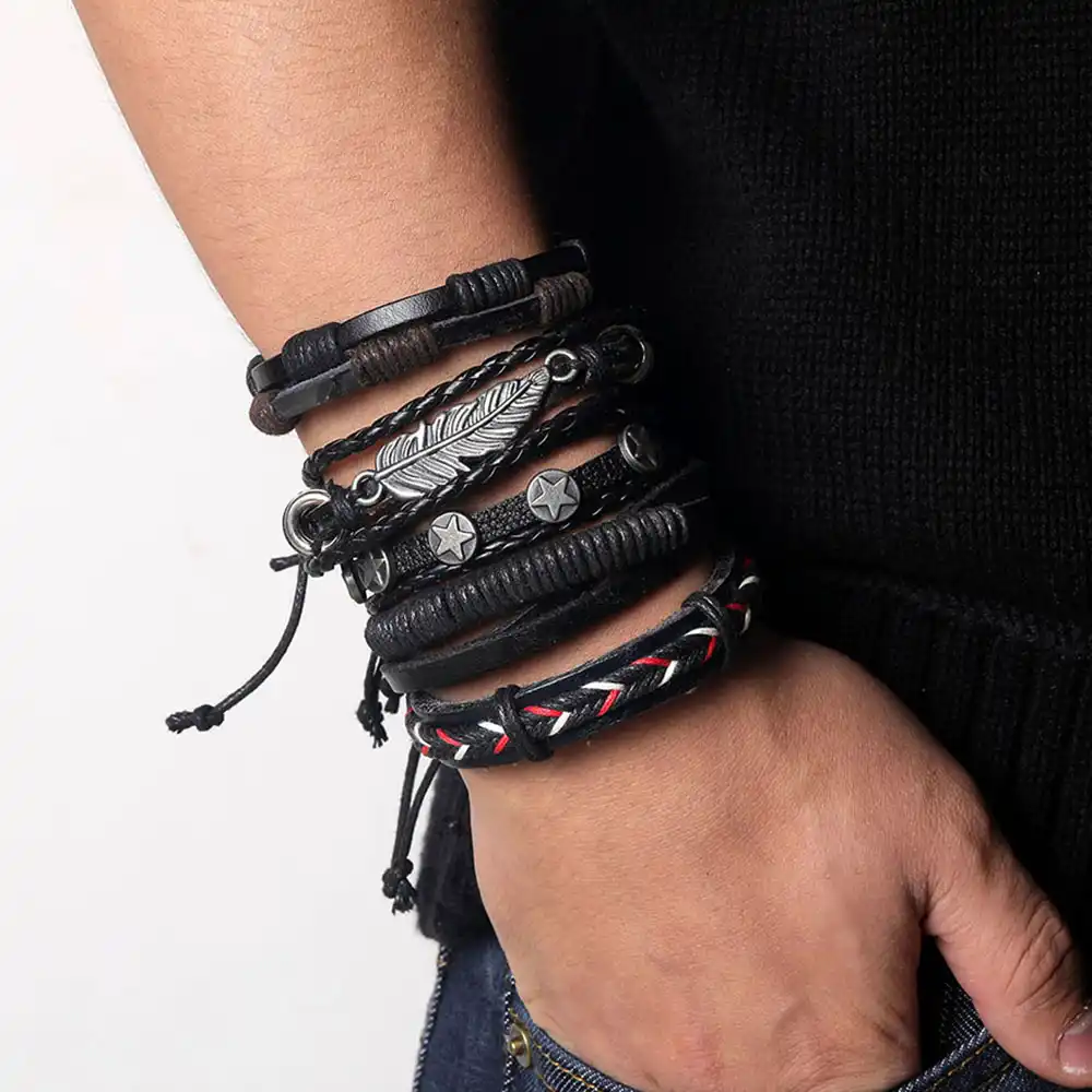 Pulsera clásica cuero multicapa Pulsera trenzada hecha a mano Hebilla de metal