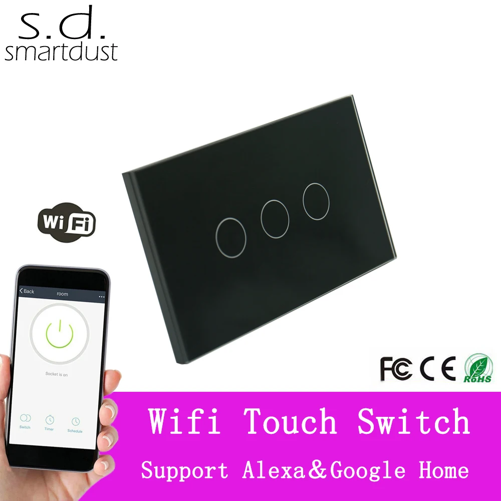 

Smartdust US Wifi Tuya Smart APP Remote Control Touch Switch Work With Google Home And Amazon Alexa 3 Gang 1 Way AC110~250v