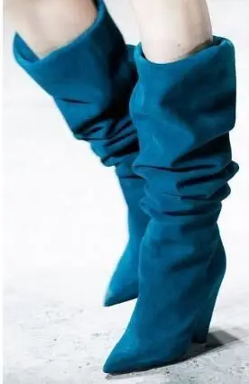 Color Pointu D'hiver Haute Femme Color Lac De Réel Bottes As as Spike Chunky Femmes Bout Talon Showed Bleu Genou Photos A3R4Lj5