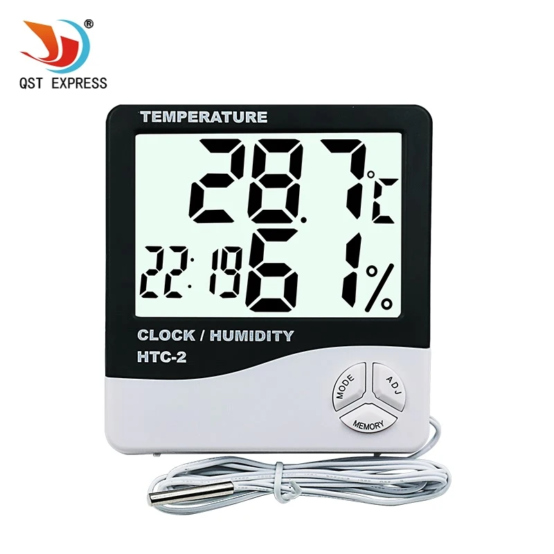 

LCD Digital HTC-2 Thermometer Hygrometer Weather Station Temperature Humidity Tester Clock Alarm Indoor Outdoor Probe
