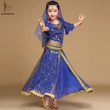 Болливуд танцевальные костюмы набор детей Индийский танец живота девушки представление(головные уборы вуаль Топ Пояс юбка ожерелье серьги