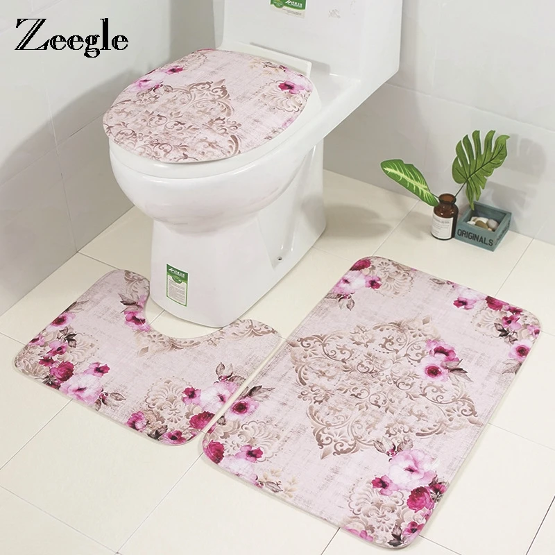 Zeegle Bath Mat Floral Bathroom Carpet Set Anti slip Toilet Floor Rugs
