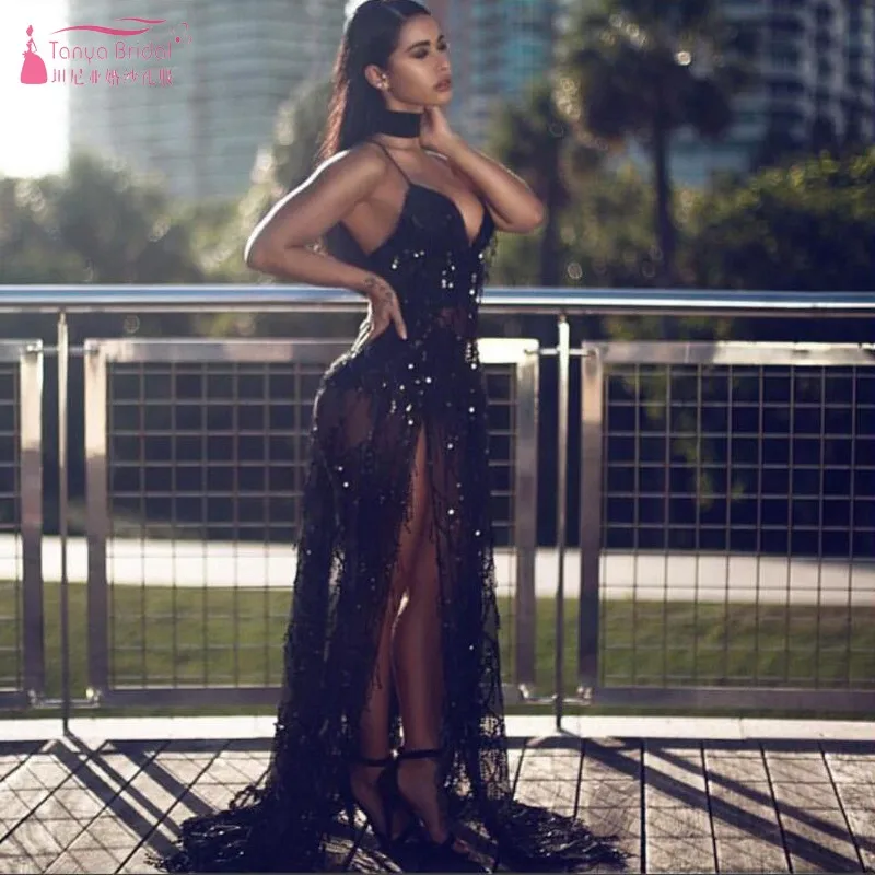 

A Line Prom Dresses New Fashion Sexy Illusion Side Slit Sequined Evening Prom Gown Fashion Women Dress Cheap Price DQG710
