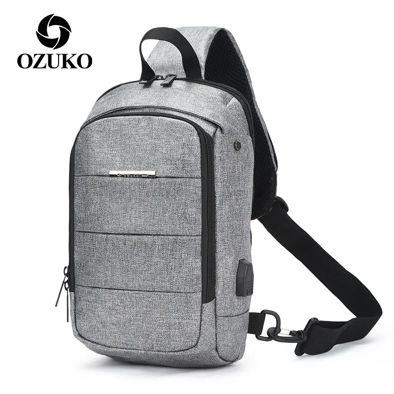 OZUKO брендовая сумка через плечо мужские нагрудные сумки внешний интерфейс USB Одиночная сумка на плечо многофункциональная модная нагрудная сумка - Цвет: Серый