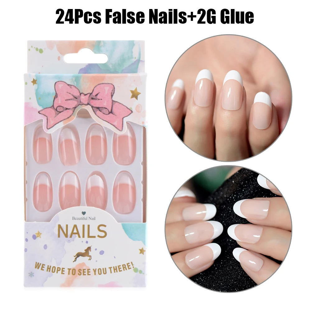 

New Arrival False Nail 24Pcs 3 Types Full Cover French False Nail Tips Natural Light Pink Fake Nails Art Manicure Tool With Glue