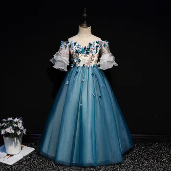 

Off the Shoulder Luxury Flower Girl Dresses V-neck Embroidery Holy Communion Dress Flare Sleeve Long Princess Party Dress B433