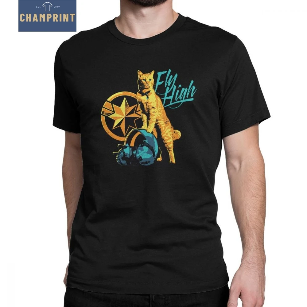 

Captain Marvel T-Shirts Goose On Helmet Fly High T Shirts Man Big Shirt Clothes Creative Cat Pure Cotton Movie Tee Shirt