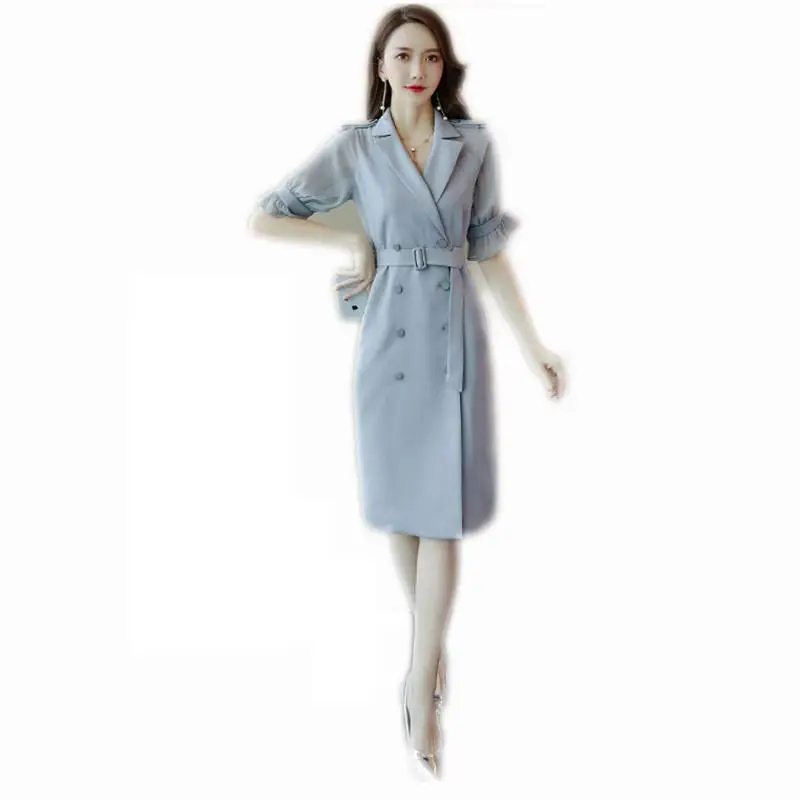 

2019 Summer Women Flare Sleeve Mesh Patchwork Dress Female Double Breaste Solid Slim Vestido Lady Work Wear Elegant Dresses Y102