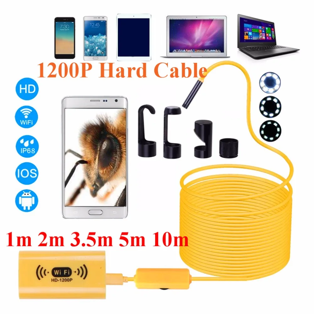 

1200P HD Adjustable 8 LEDs WiFi Endoscope camera 8.0mm IP68 Hard Cable 1M 2M 3.5M 5M 10M for iOS for Android for Windows