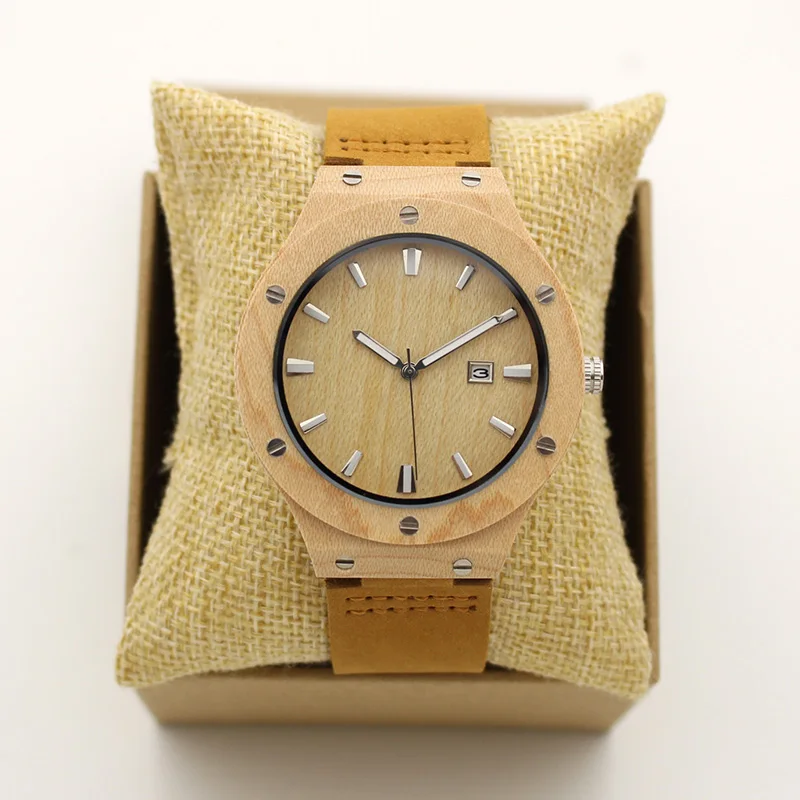 

Fashion Luxury Women Bamboo Wood Watch Japan Quartz Black Wooden Men Wristwatches Brown Real Leather Band Luminous Gift Box 2017