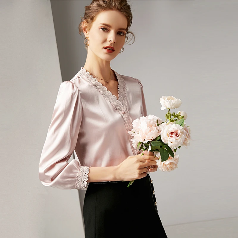 Блузка женская рубашка, 95% шелк, Винтажный дизайн, кружево, v-образный вырез, рукав три четверти, 3 цвета, элегантный стиль, топ, новая мода