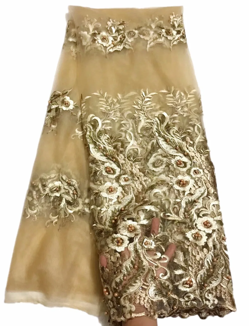 

African Lace Fabric Beige High Quality Cheap French Lace Fabric 2018 Gold Embroidered Tulle Fabric For Dresses